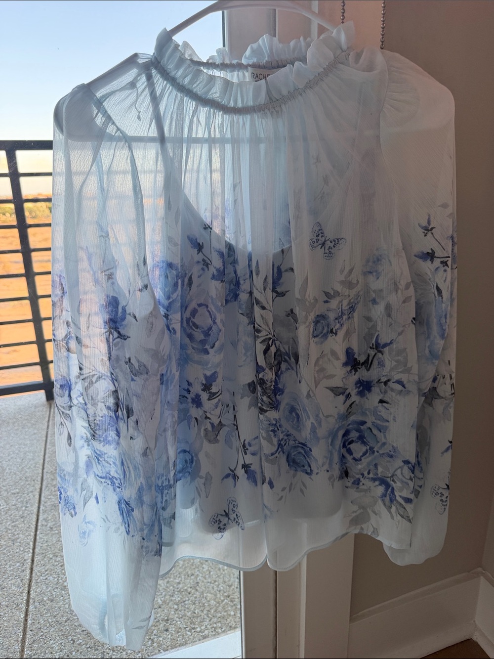 Rachel Zoe Sheer Blue Floral Ruffled-Neck Blouse